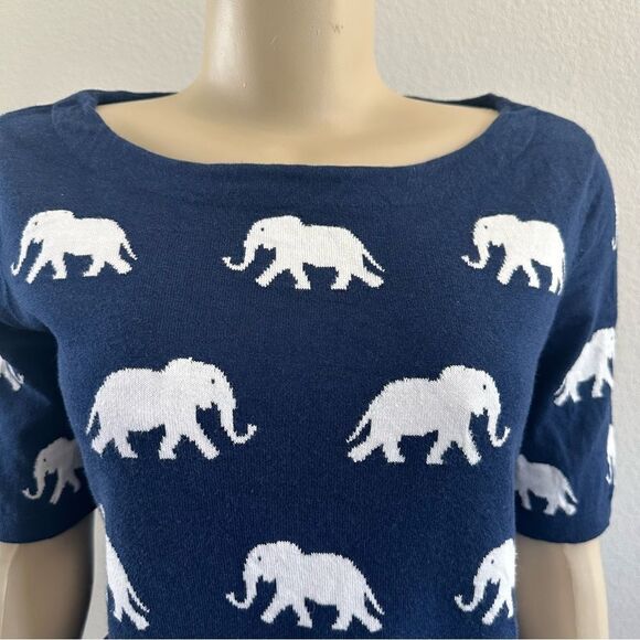 Talbots Short Sleeve Sweater Navy Elephants Pullover Top Rayon Cotton safari - Picture 3 of 7
